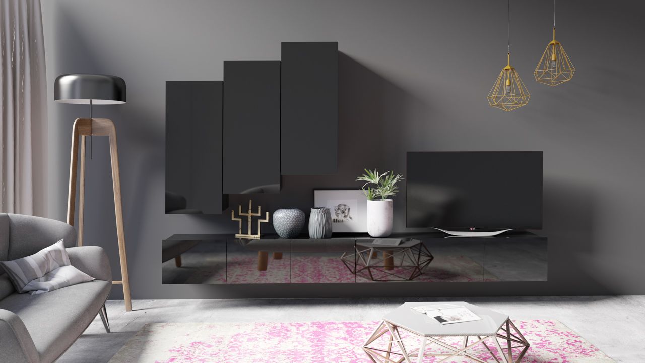 Mediawand Wohnwand 5 tlg - LABRI 15 - Schwarz Hochglanz