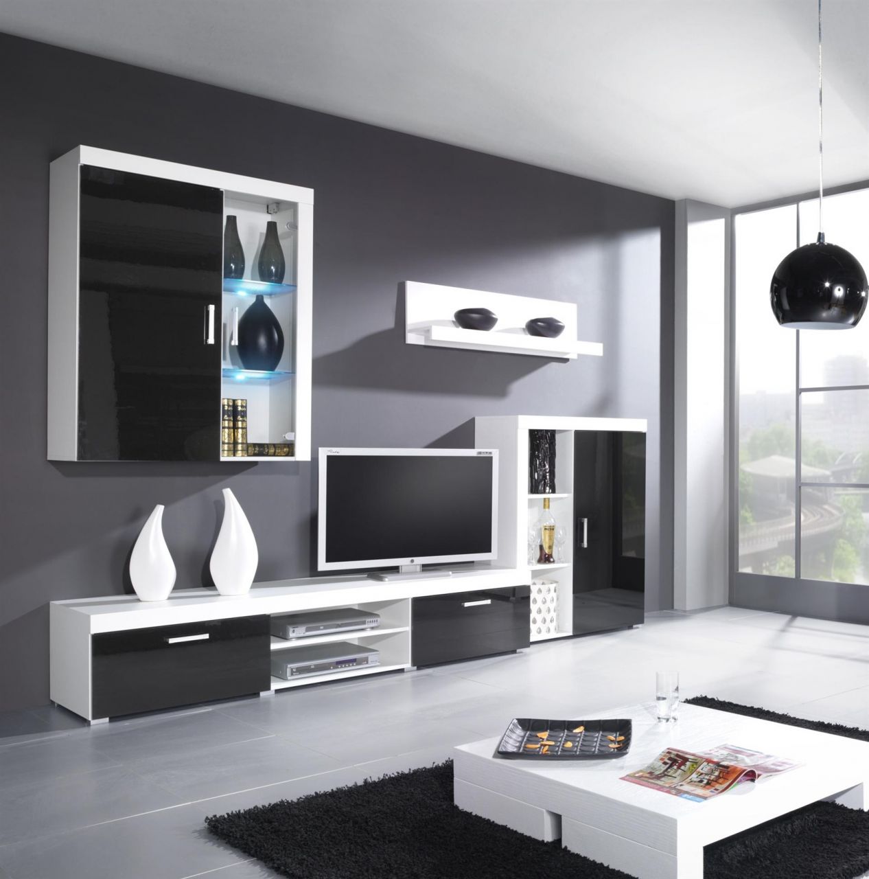 Wohnwand Schrankwand 4 tlg. YORK Schwarz-Weiss HGL mit LED-Beleuchtung