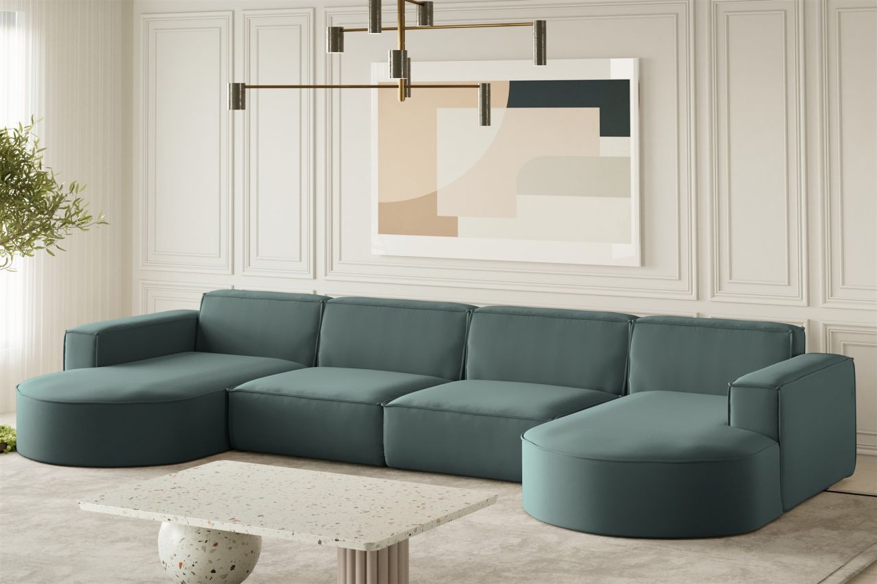 Wohnlandschaft U-Form Sofa PALMA XL in Stoff Opera Velvet Opalgrün