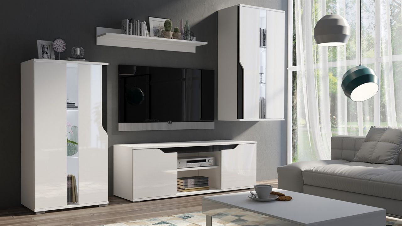 Mediawand Wohnwand 4 tlg DALLAS Weiss Hochglanz / Schwarz