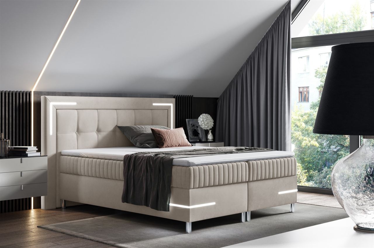 Boxspringbett Schlafzimmerbett 120x200cm AMORE Nr.1 Beige inkl. LED-Beleuchtung