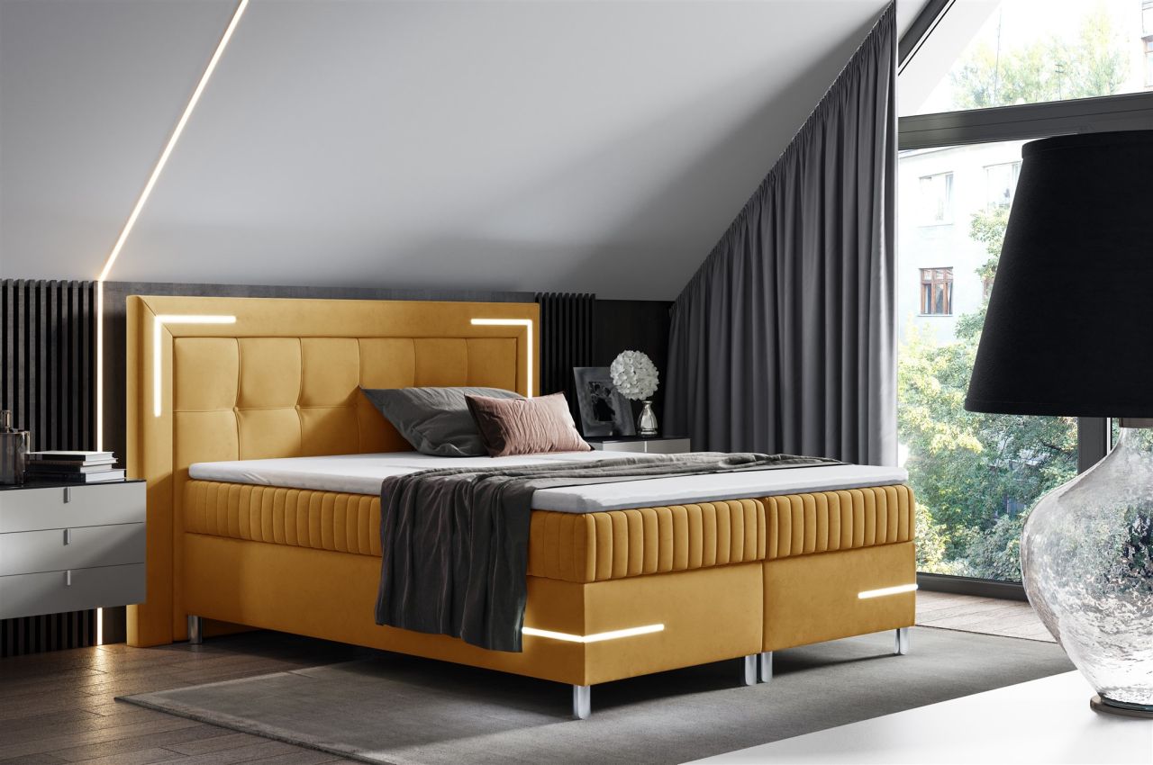 Boxspringbett Schlafzimmerbett 140x200cm AMORE Nr.1 Gelb inkl. LED-Beleuchtung