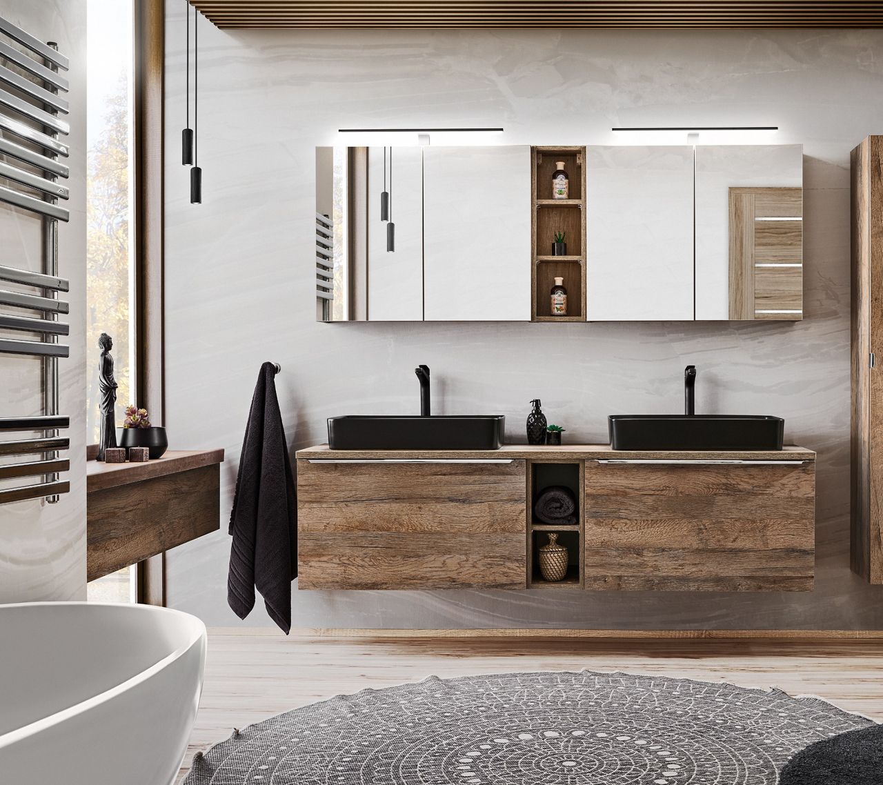 Badmöbel Set 8-tlg Badezimmerset AKAN Vintage Eiche Variante B inkl. Waschtisch