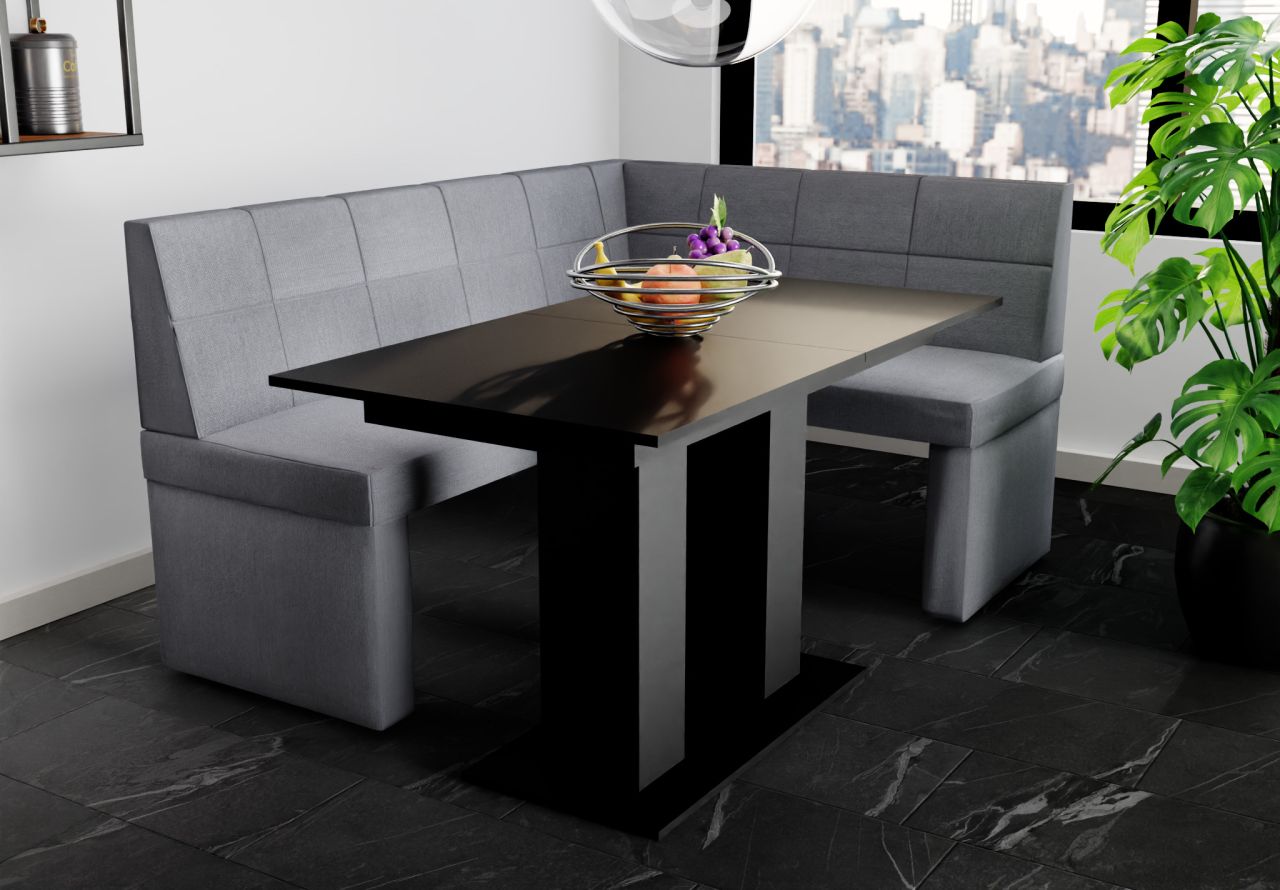 Eckbankgruppe 168x128 cm BLAKE L Stoff Soro Grau / Esstisch DANTE Schwarz