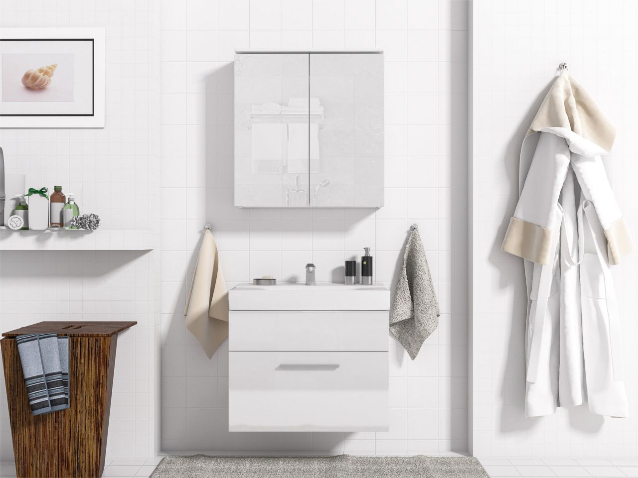 Badmöbel Set 3-Tlg Weiss / Weiss Hochglanz MINI inkl.Waschtisch