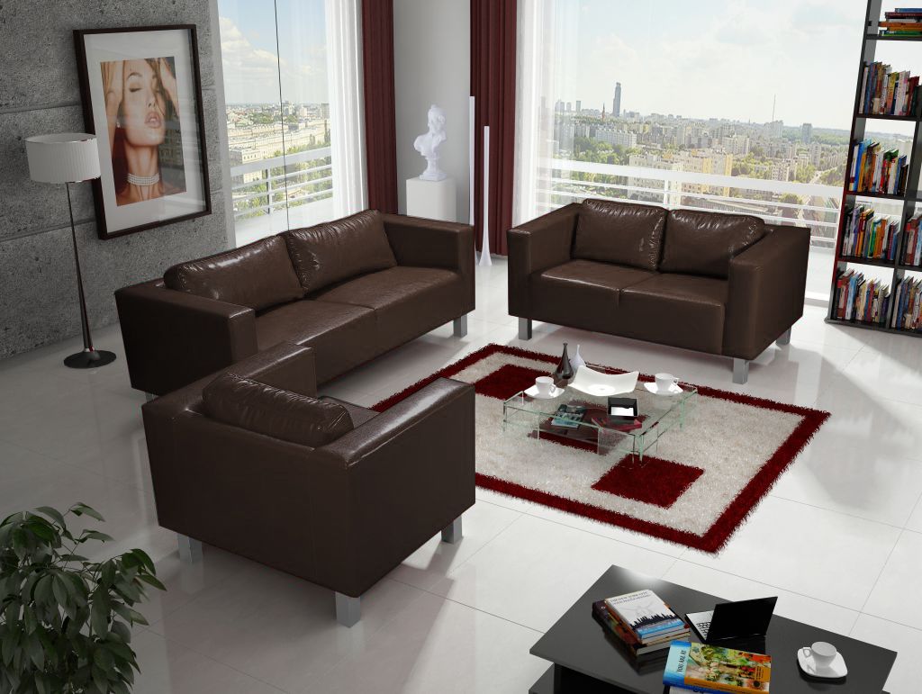 Sofa Set MAILAND 3-2-1 Sofagarnitur in Kunstleder Dunkelbraun