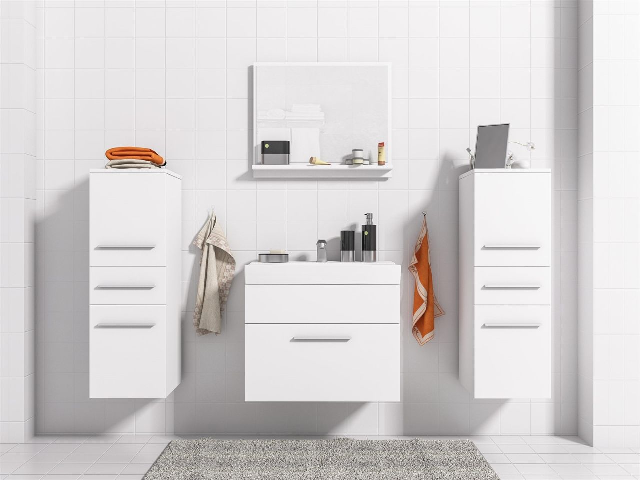 Badmöbel Set 5-Tlg Weiss matt LIVO XS inkl.Waschtisch