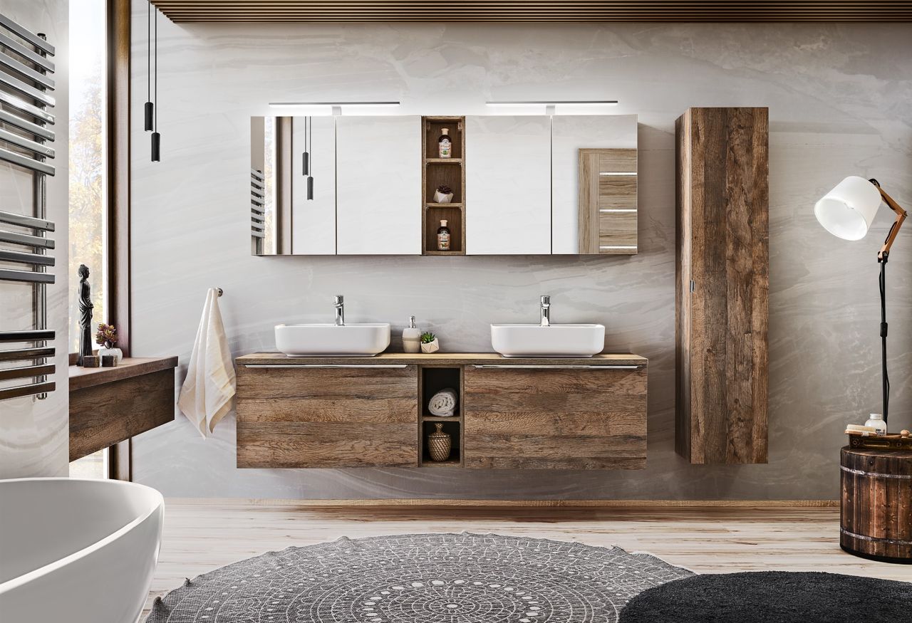 Badmöbel Set 9-tlg Badezimmerset AKAN Vintage Eiche Variante C inkl. Waschtisch