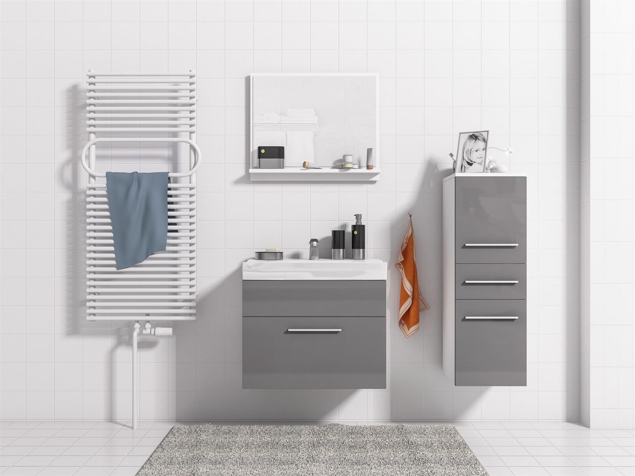 Badmöbel Set 4-Tlg Weiss / Grau Hochglanz LUCY S inkl.Waschtisch