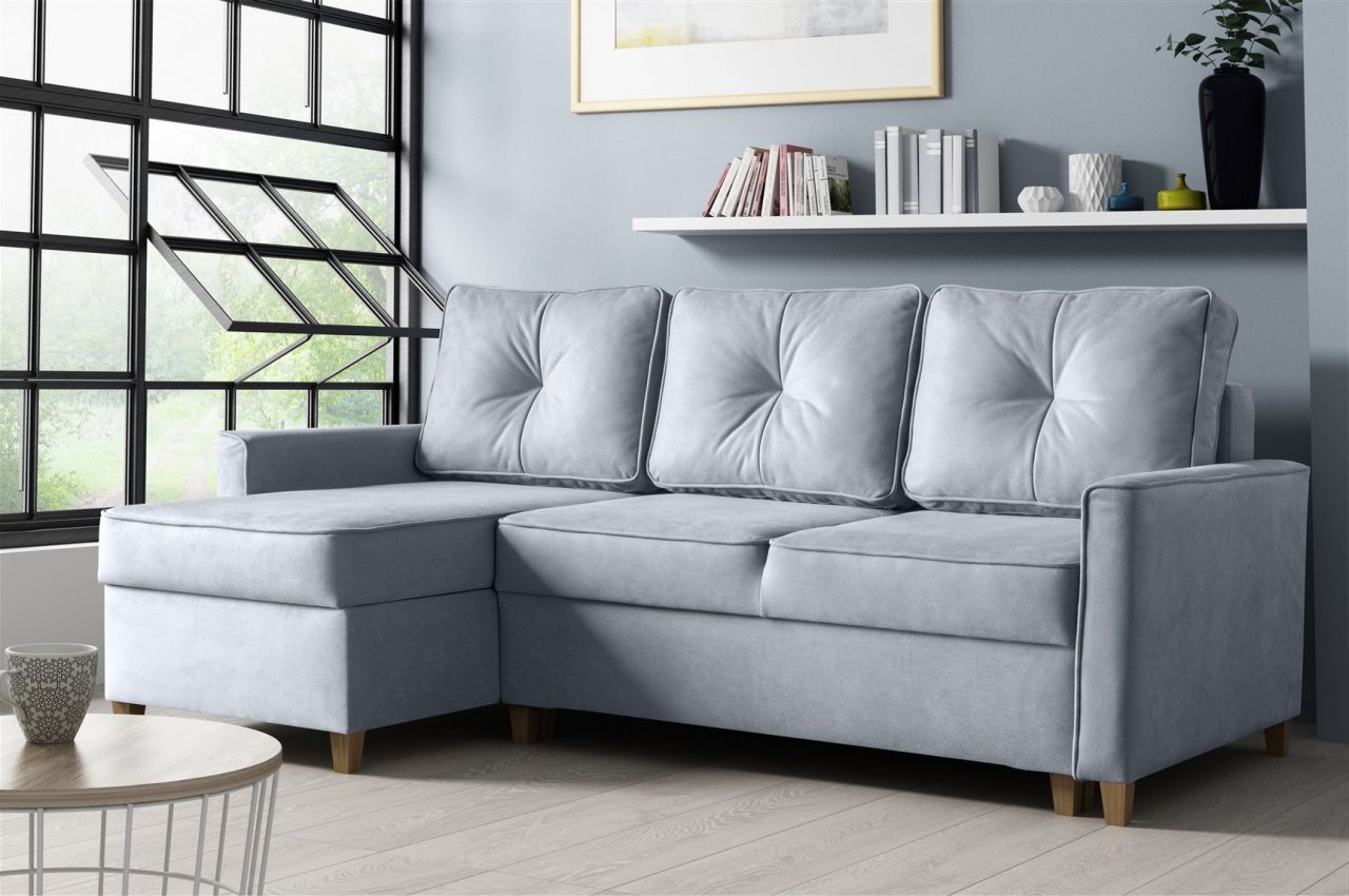 Couchgarnitur BOSCO L-Form in Polyesterstoff Hellgrau /Ottomane Links