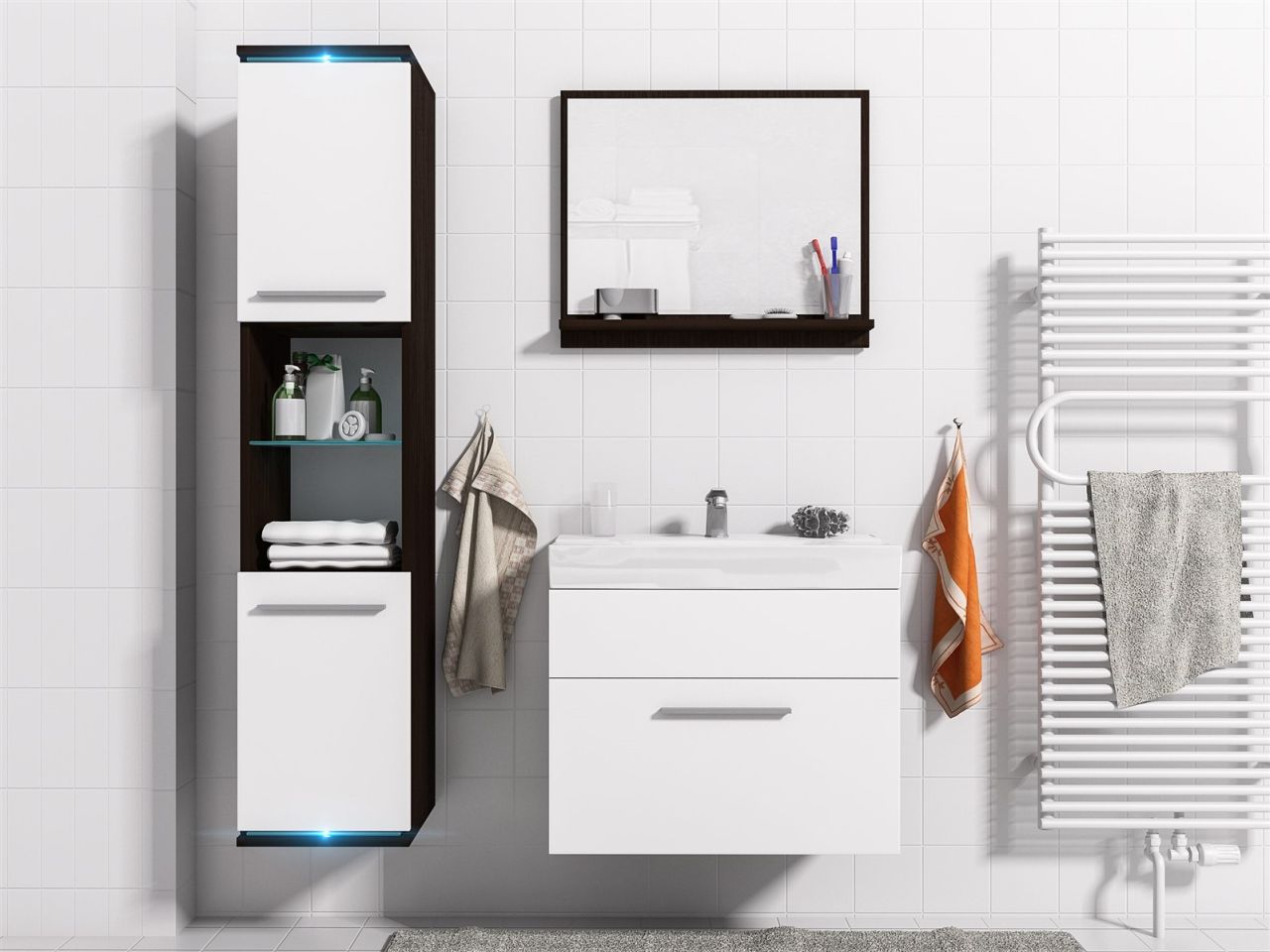 Badmöbel Set 4-Tlg Wenge / Weiss matt TOPI inkl.Waschtisch inkl.LED