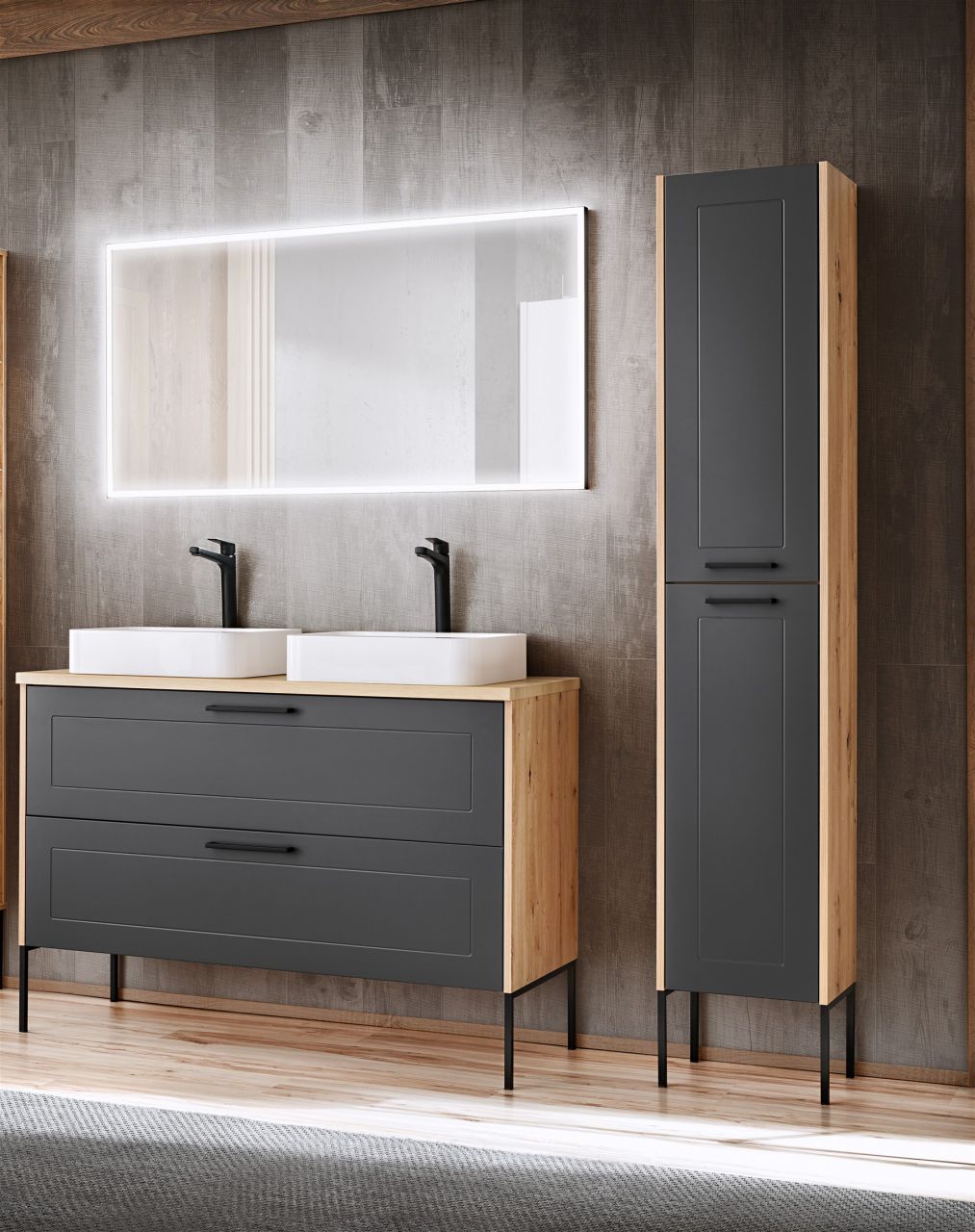 OUTLET Badmöbel Set 6-tlg Badezimmerset PANTIN Grau inkl. 2 x Waschtisch