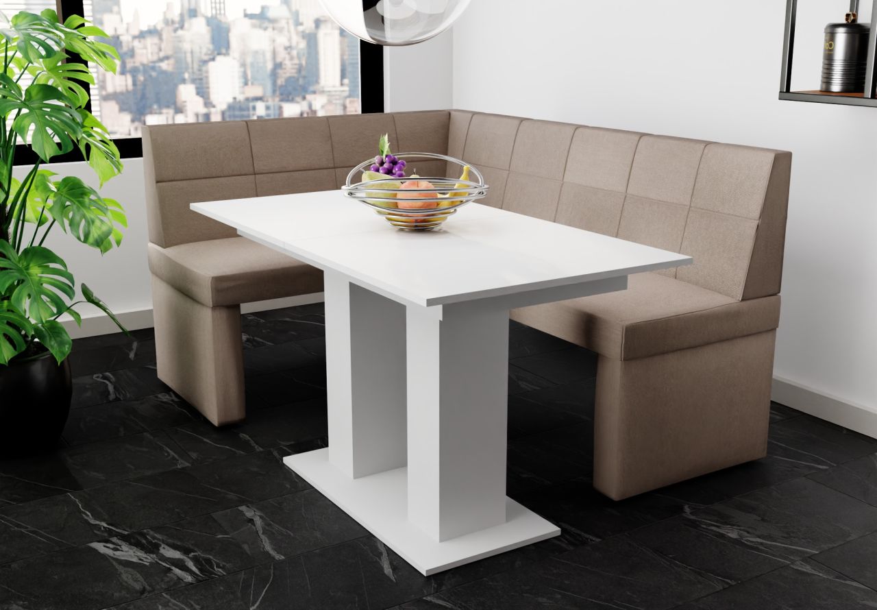 Eckbankgruppe 196x142 cm BLAKE XL R Stoff Soro Taupe / Esstisch DANTE Weiß