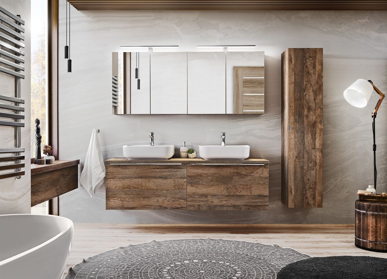 Badmöbel Set 5-tlg Badezimmerset AKAN Vintage Eiche ohne Waschtisch