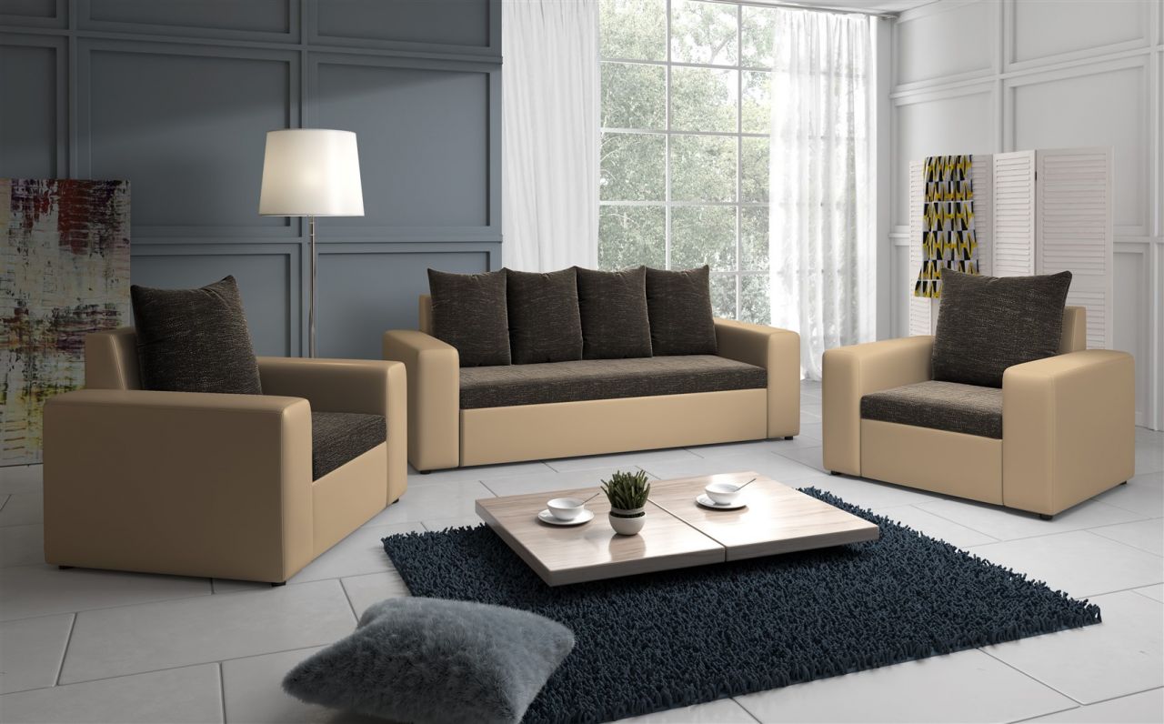 Sofa Set NINA 3-1-1 Sofagarnitur in Beige / Dunkelbraun
