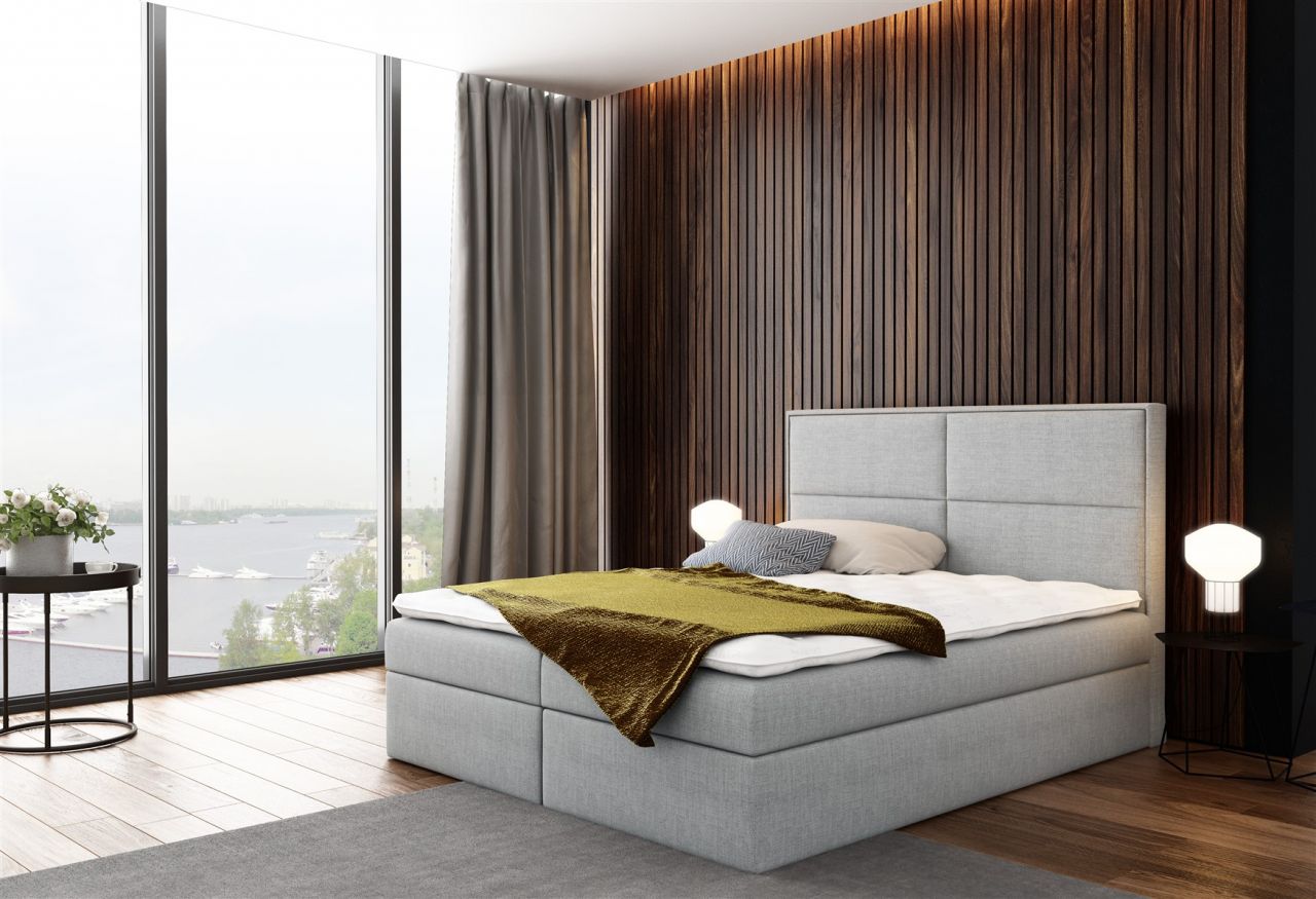 Boxspringbett Bett DERBI Stoff Hellgrau 180x200cm inkl.Bettkasten