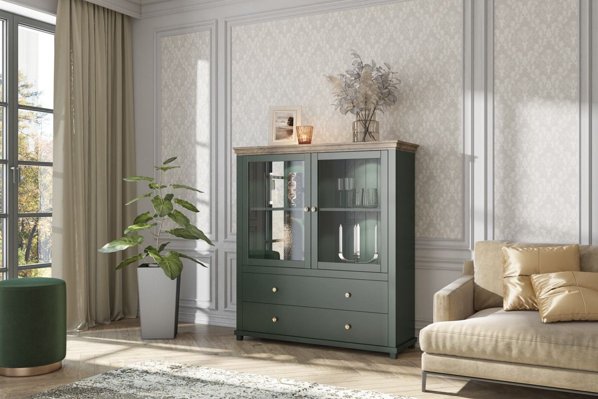 Highboard HOME 126x138 cm inkl.LED Beleuchtung Grün Eiche Lefkas