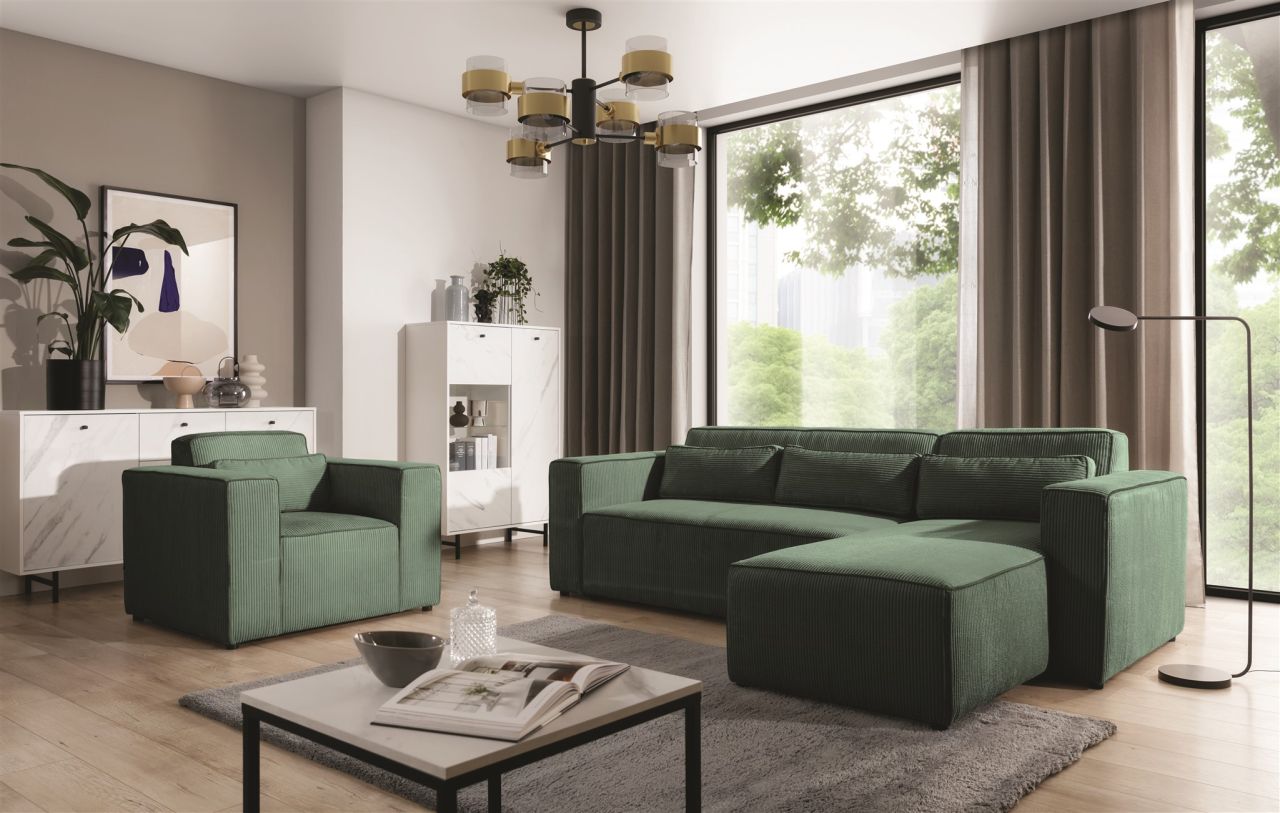 Ecksofa Schlafsofa inkl. Sessel WALDO Stoff Poso Grün Ottomane Rechts