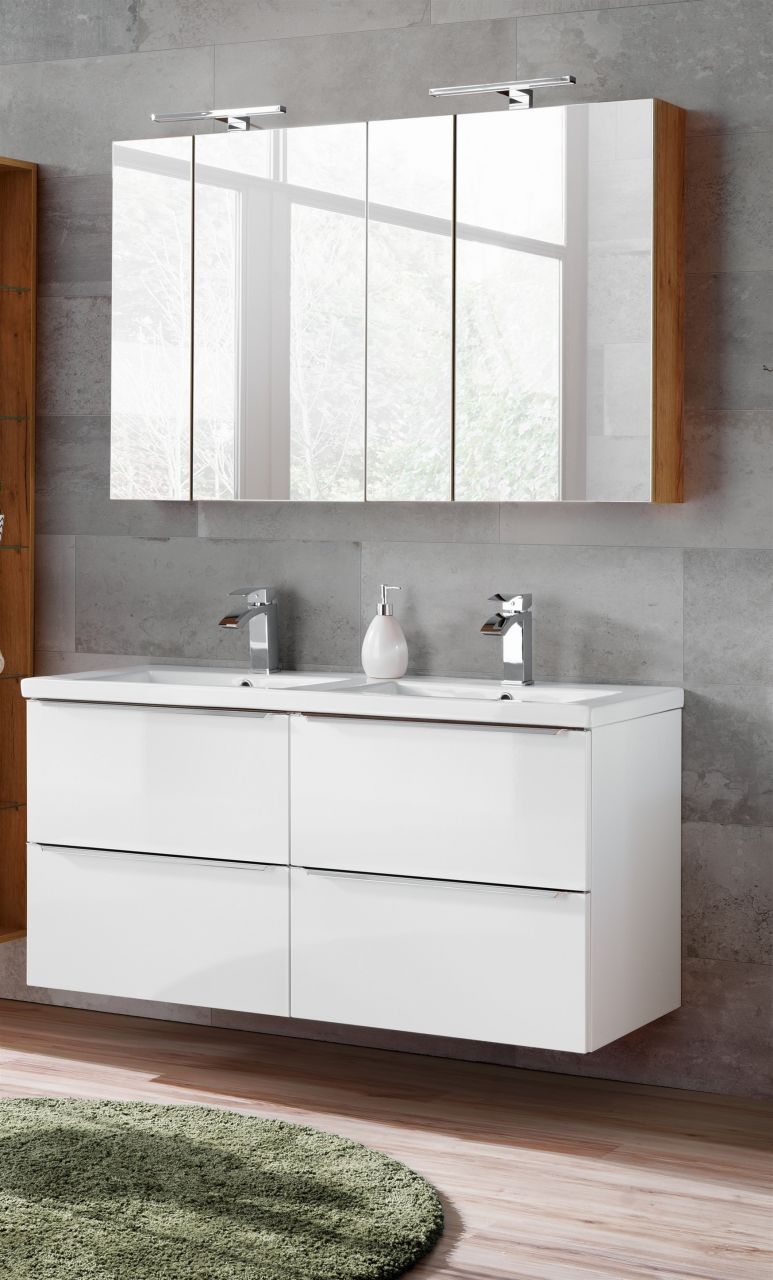 Badmöbel Set 5-tlg Badezimmerset PERUGIA Weiß HGL inkl.Waschbecken