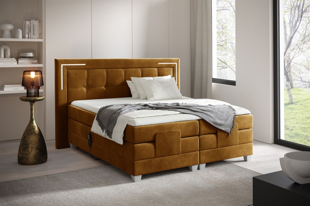 Boxspringbett Elektrisch Bett DORES 140x200cm in Stoff Fresh Senfgelb