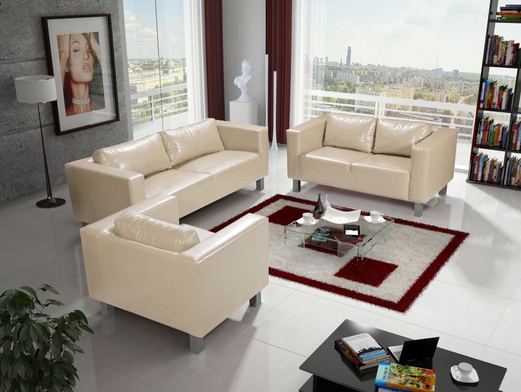 Sofa Set MAILAND 3-2-1 Sofagarnitur in Kunstleder Creme