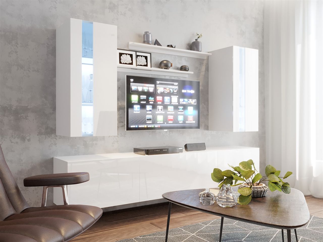 Mediawand Wohnwand 6 tlg - NEXI XL 26 - Weiss Hochglanz inkl. LED