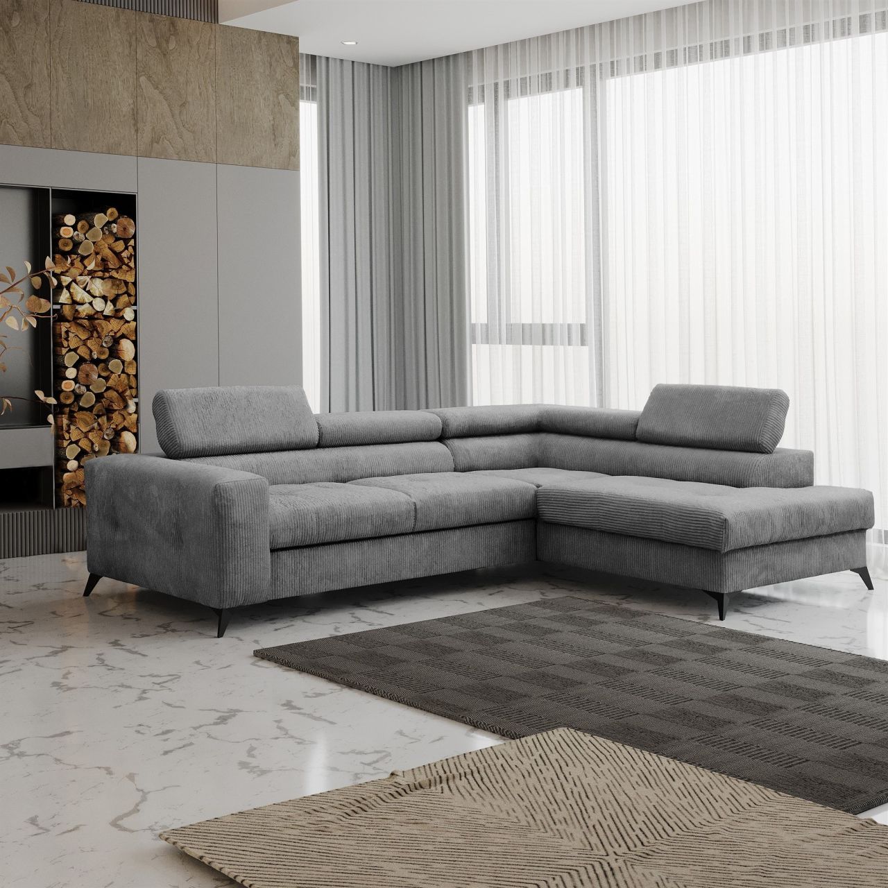 Ecksofa Schlafsofa AMADEO Stoff Anafi Anthrazit Ottomane Rechts