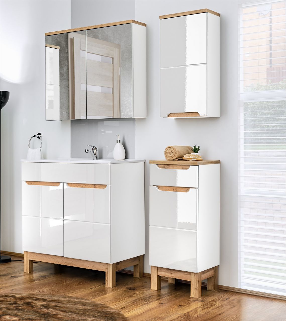 Badmöbel Set 4-tlg Badezimmerset DEVI Weiss HGL inkl.Waschtisch 60 cm