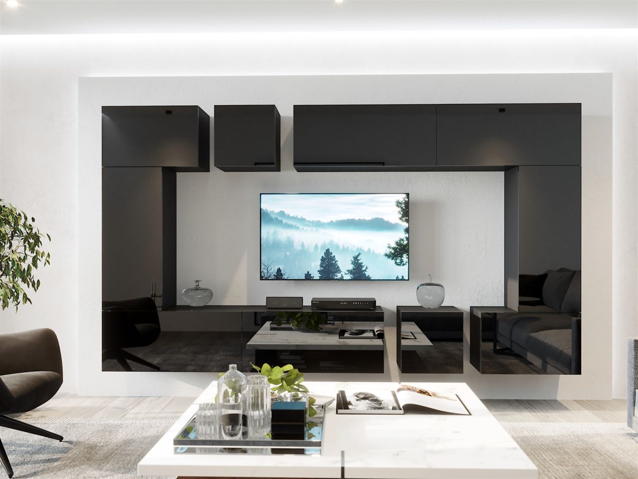 OUTLET Mediawand Wohnwand 8 tlg - NEXI XL 32 - Schwarz Hochglanz