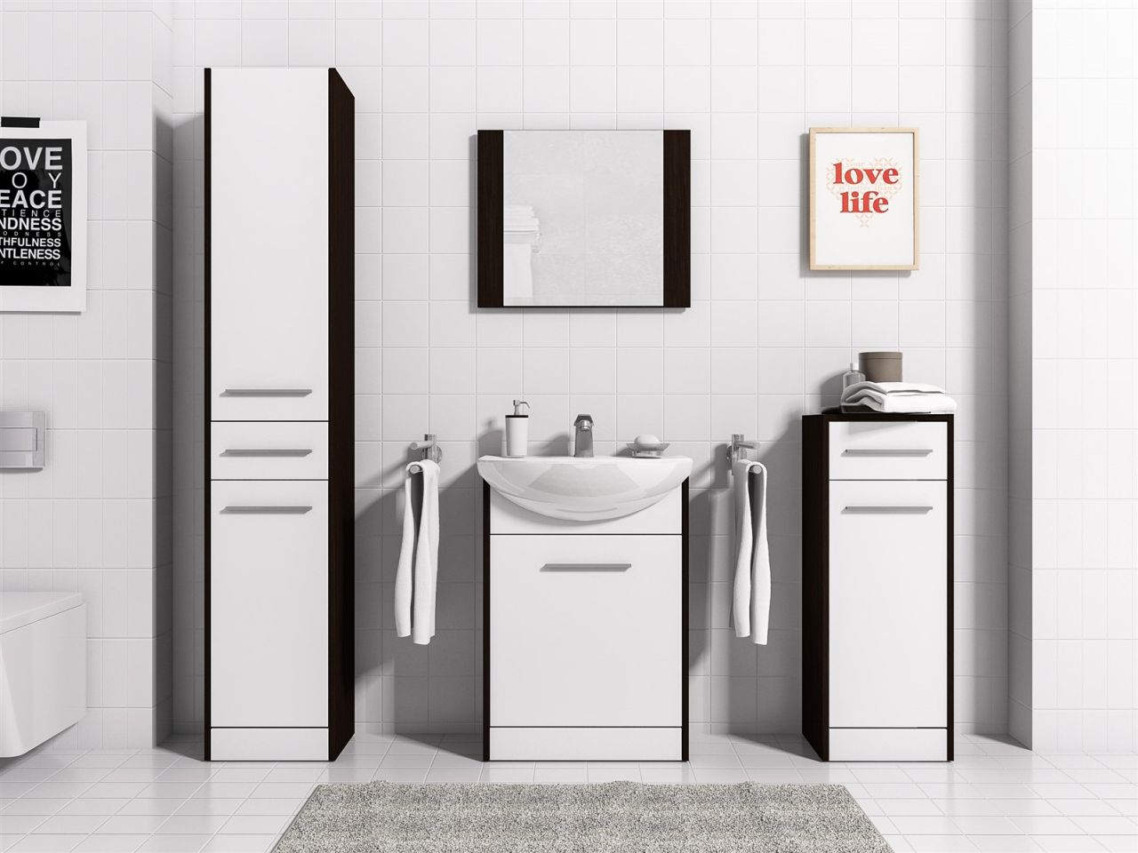 Badmöbel Set 5-Tlg Wenge / Weiss matt SEVILLA inkl.Waschtisch