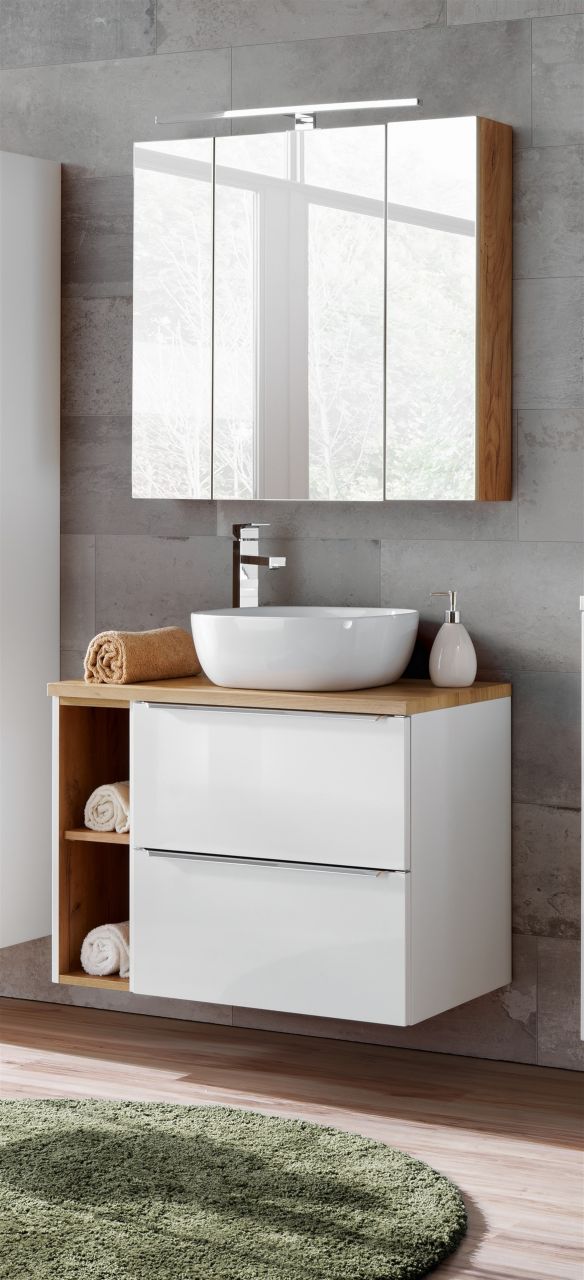 Badmöbel Set 5-tlg Badezimmerset PERUGIA Weiss HGL inkl.Waschbecken