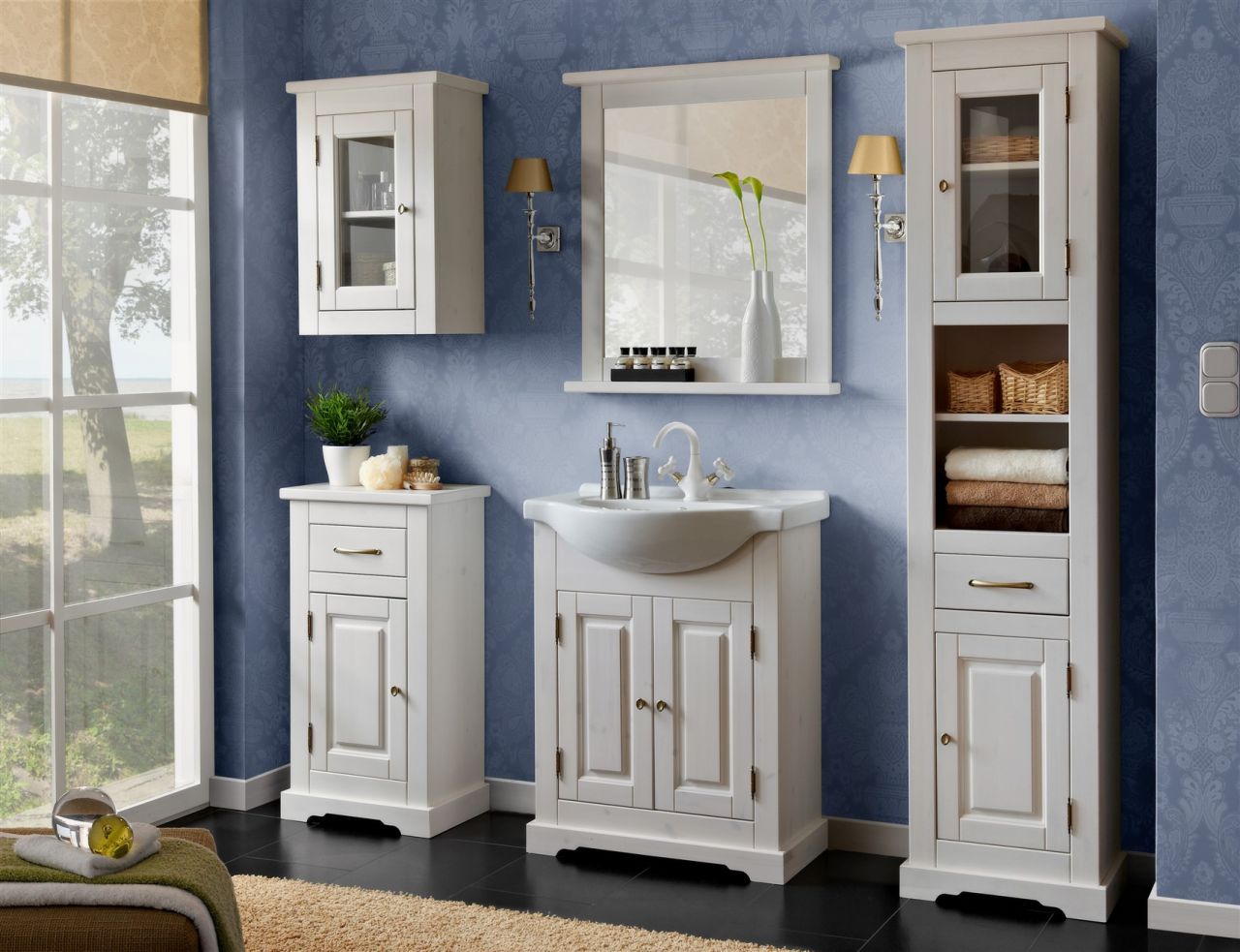 Badmöbel Set 5-tlg ROMI Massivholz Weiss inkl.Waschtisch 65 cm