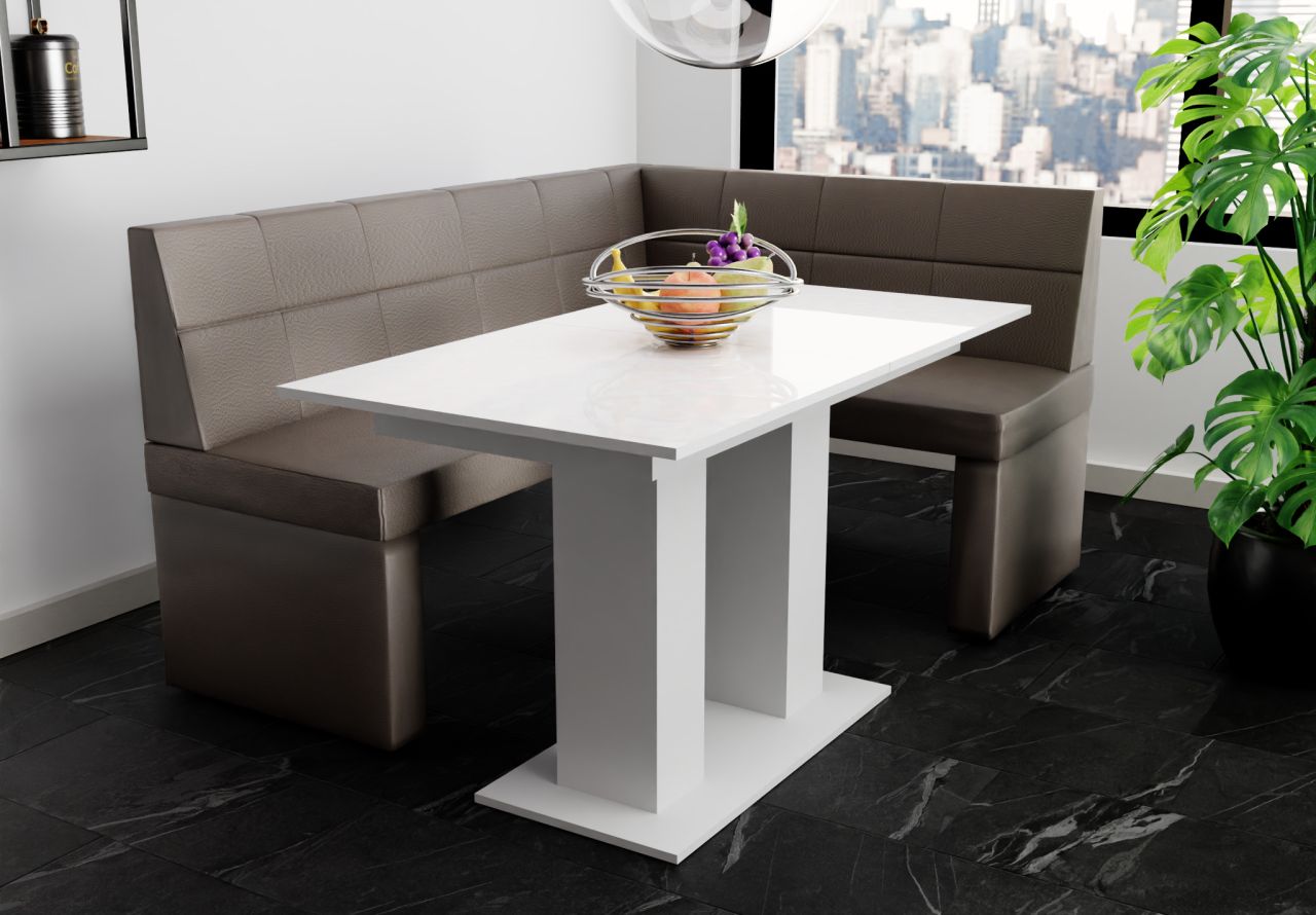 Eckbankgruppe 168x128 cm BLAKE L Kunstleder Grafit / Esstisch DANTE Weiß HGL