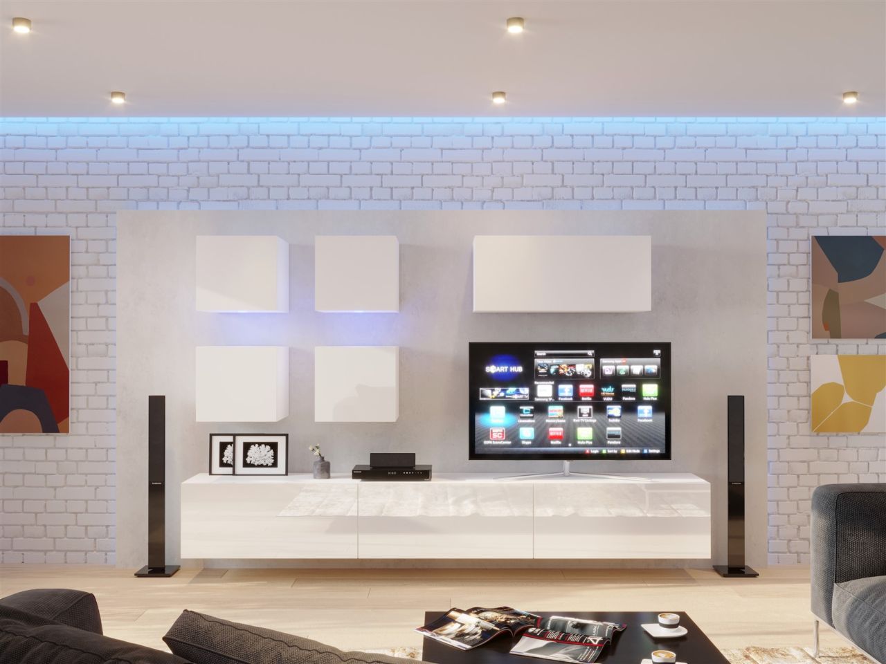 Mediawand Wohnwand 8 tlg - NEXI XL 20 - Weiss Hochglanz inkl. LED