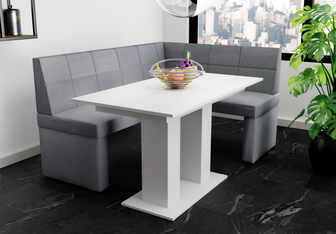 Eckbankgruppe 168x128 cm BLAKE L Stoff Soro Grau / Esstisch DANTE Weiß