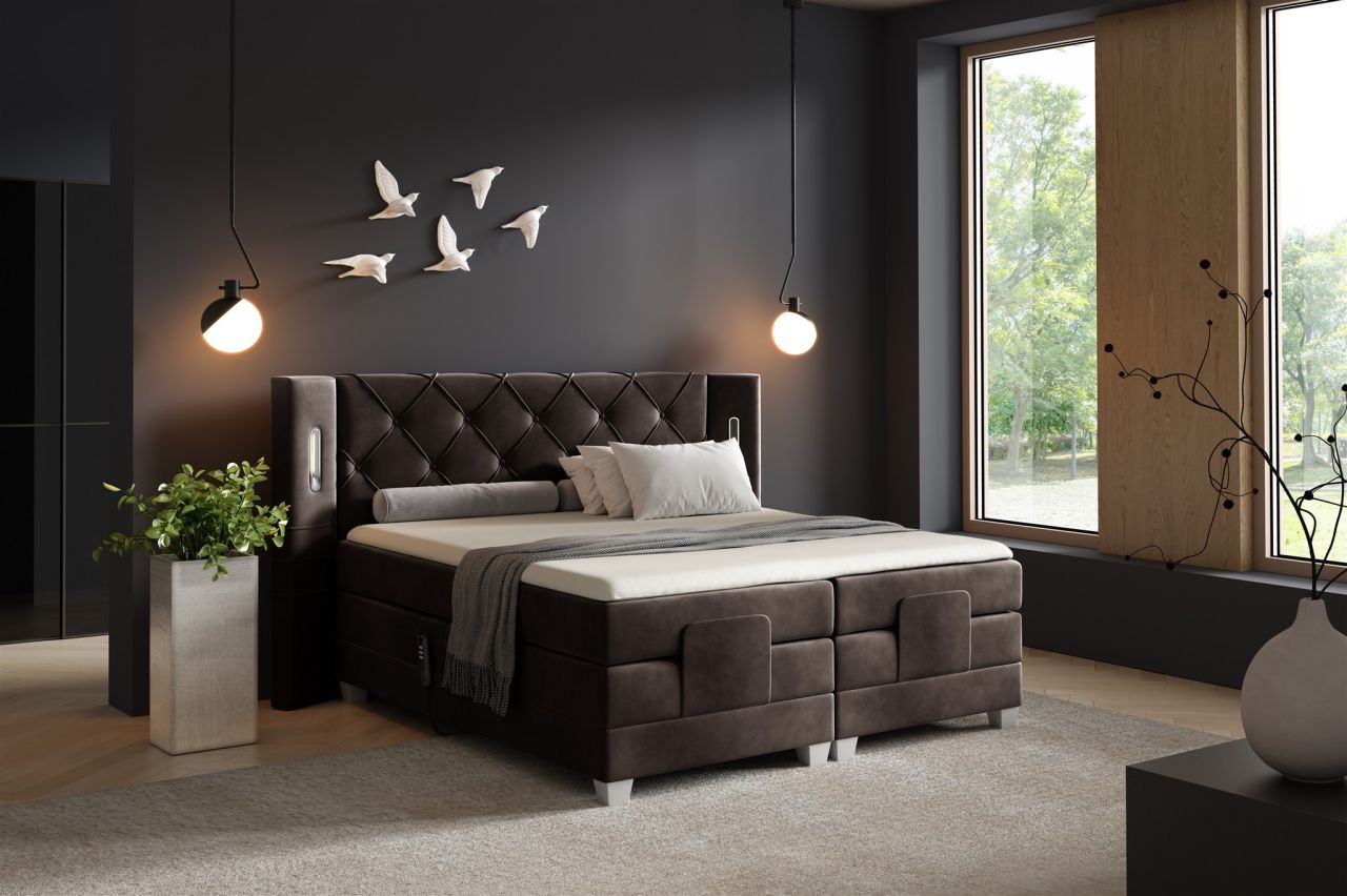 Boxspringbett Elektrisch Bett STEVE 200x200cm in Stoff Fresh Dunkelbraun