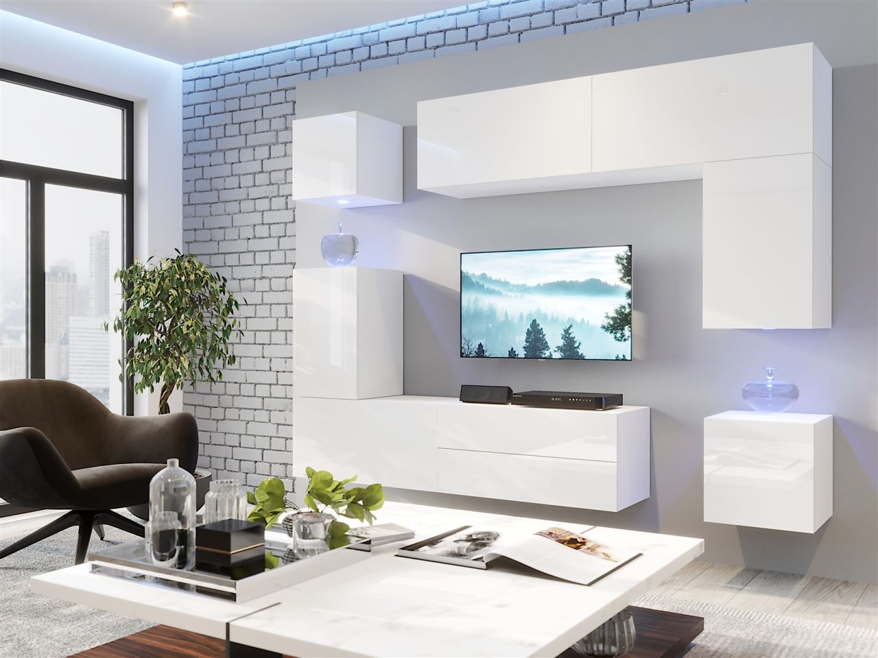 Mediawand Wohnwand 8 tlg - NEXI XL 31 - Weiss Hochglanz inkl. LED