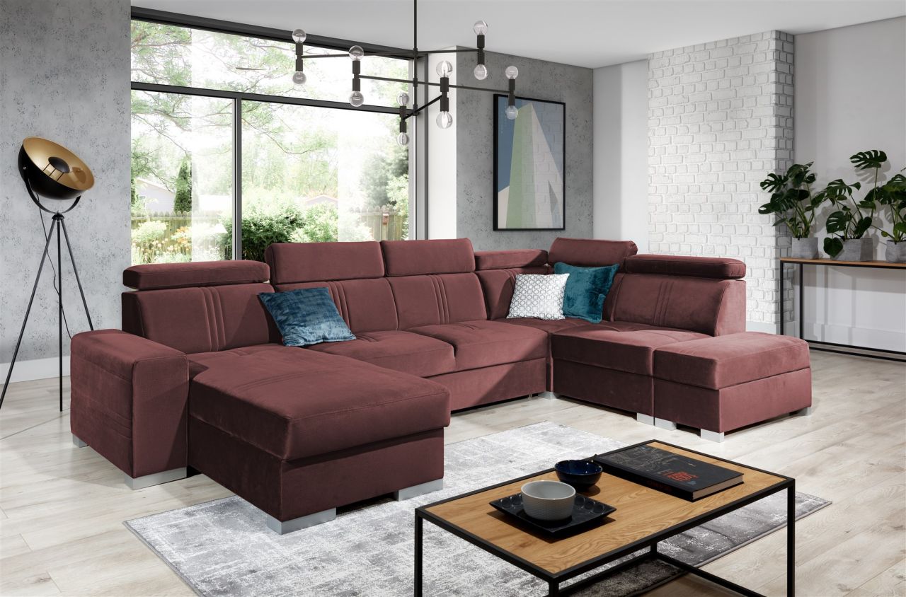 Wohnlandschaft Schlafsofa NOLAN inkl USB Stoff Monolith Purpurrot Ottomane Links