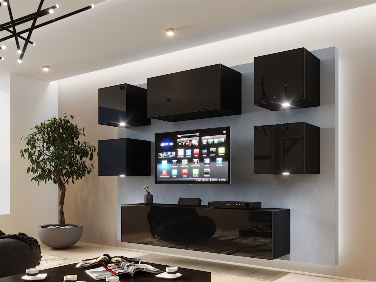 Mediawand Wohnwand 7 tlg - NEXI XL 23 - Schwarz Hochglanz inkl. LED