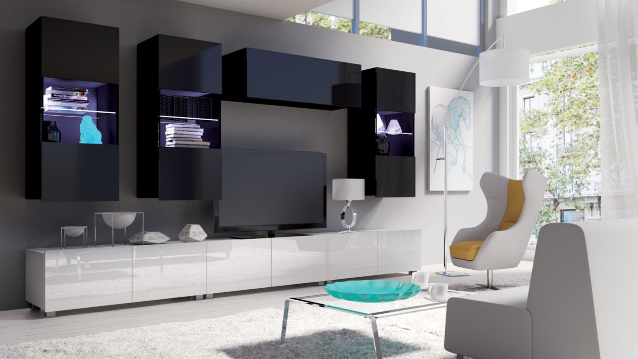 Mediawand Wohnwand 7 tlg - LABRI 11 - Weiss / Schwarz Hochglanz