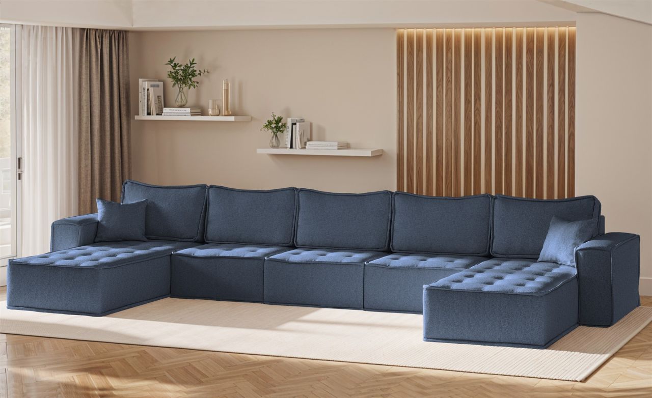 Wohnlandschaft Sofa U-Form Modulsofa-Set 5-teilig SANDE Stoff Raven Blau