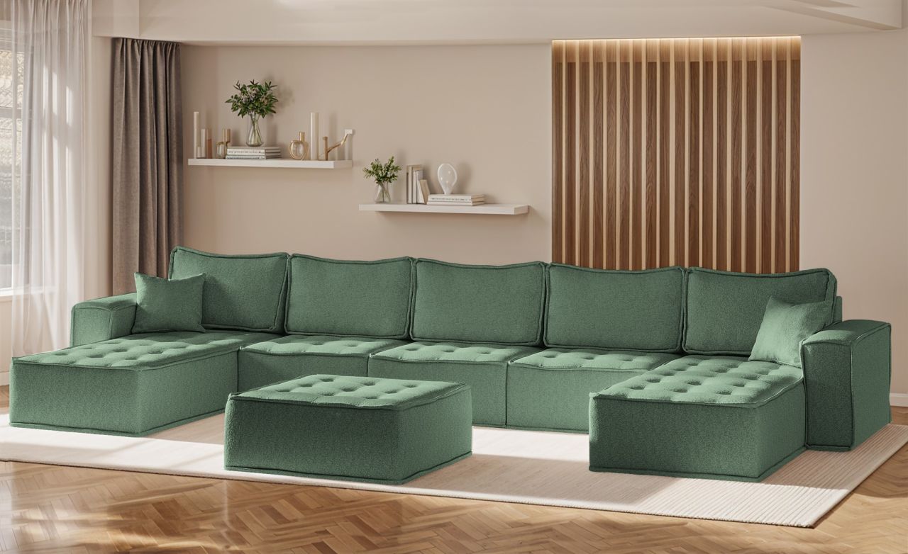 Wohnlandschaft Sofa U-Form Modulsofa-Set 6-teilig SANDE Stoff Raven Flaschengrün