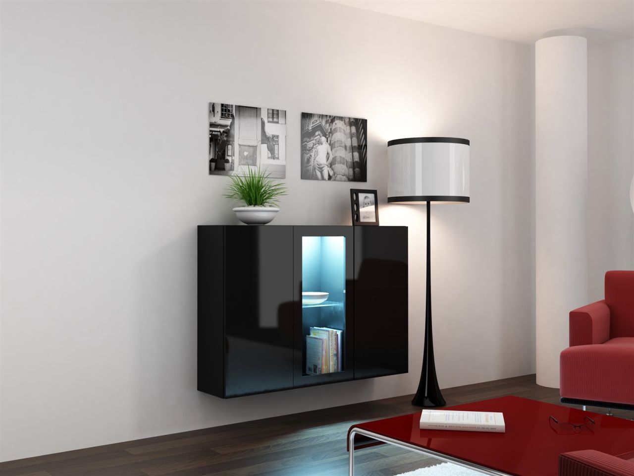 Sideboard Hängesideboard 'LUGO' 120x38x90 cm Schwarz HGL mit LED