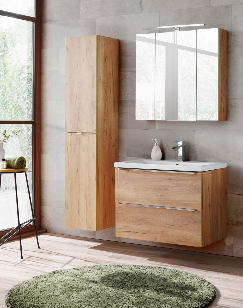 Badmöbel Set 4-tlg Badezimmerset PERUGIA Eiche inkl. Waschbecken 60cm