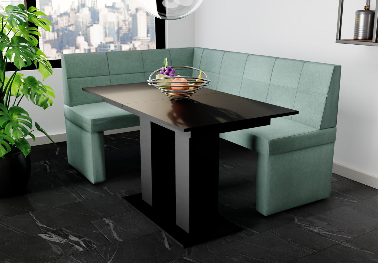 Eckbankgruppe 196x142 cm BLAKE XL R Stoff Soro Türkis / Esstisch DANTE Schwarz