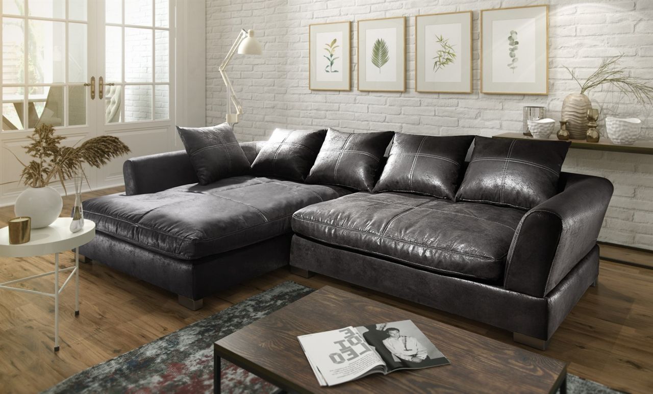 Couchgarnitur TIZIAN L-Form in Wildlederoptik-Schwarz /Ottomane Links