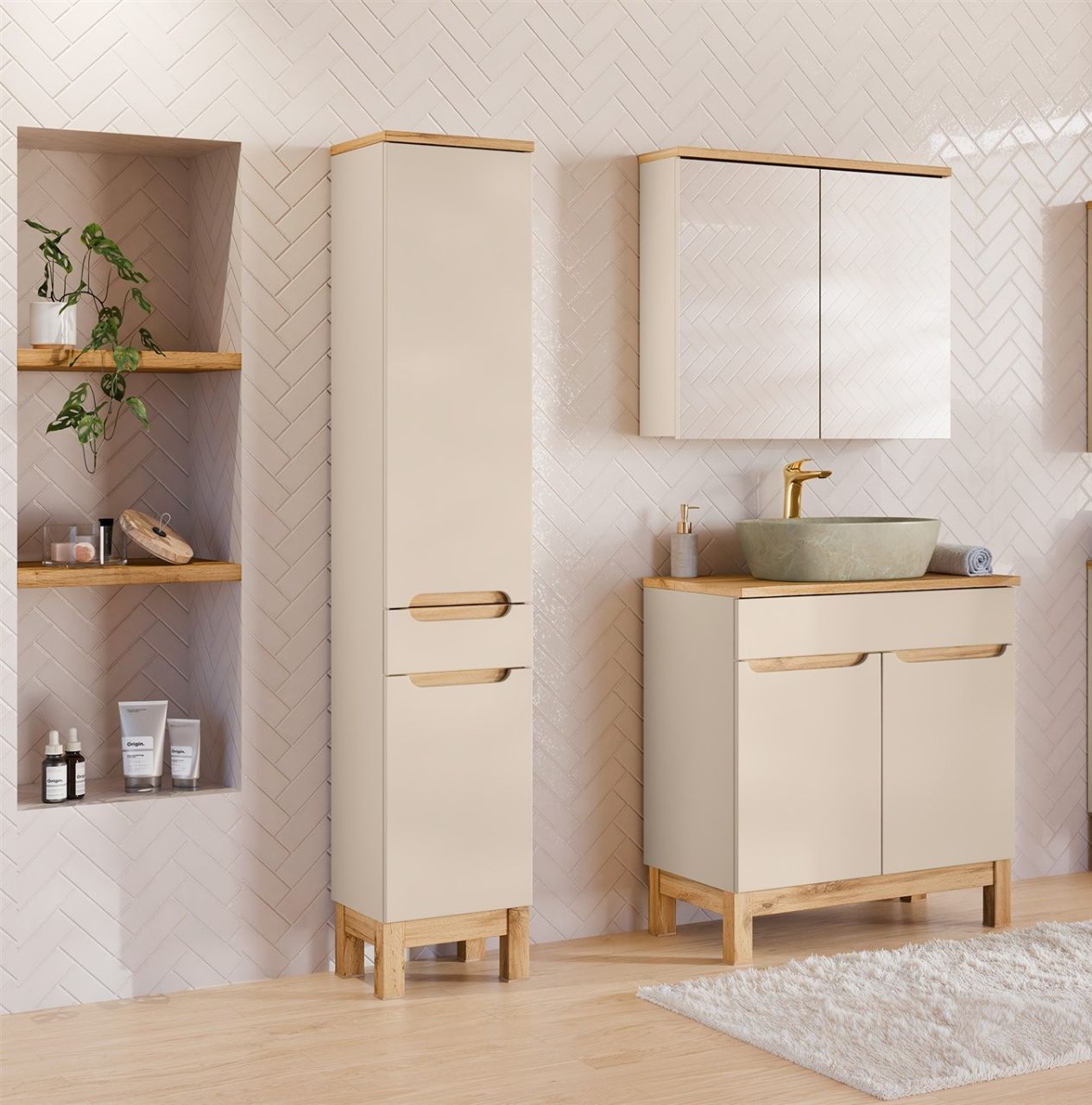 Badmöbel Set 3-tlg Badezimmerset DEVI Cashmere Schrank 80cm ohne Waschtisch