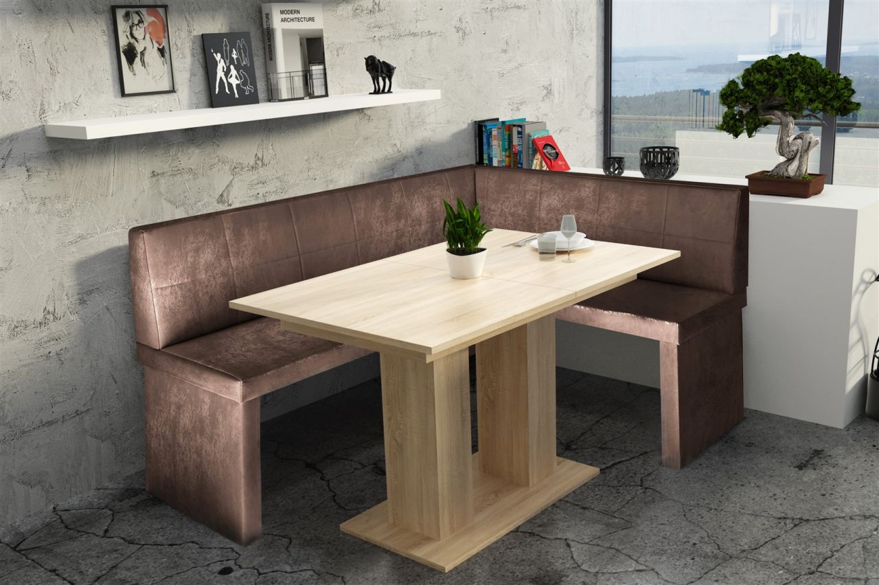 Eckbankgruppe 168x128 cm ROBIN L Vin.. Braun / Esstisch DANTE Sonoma
