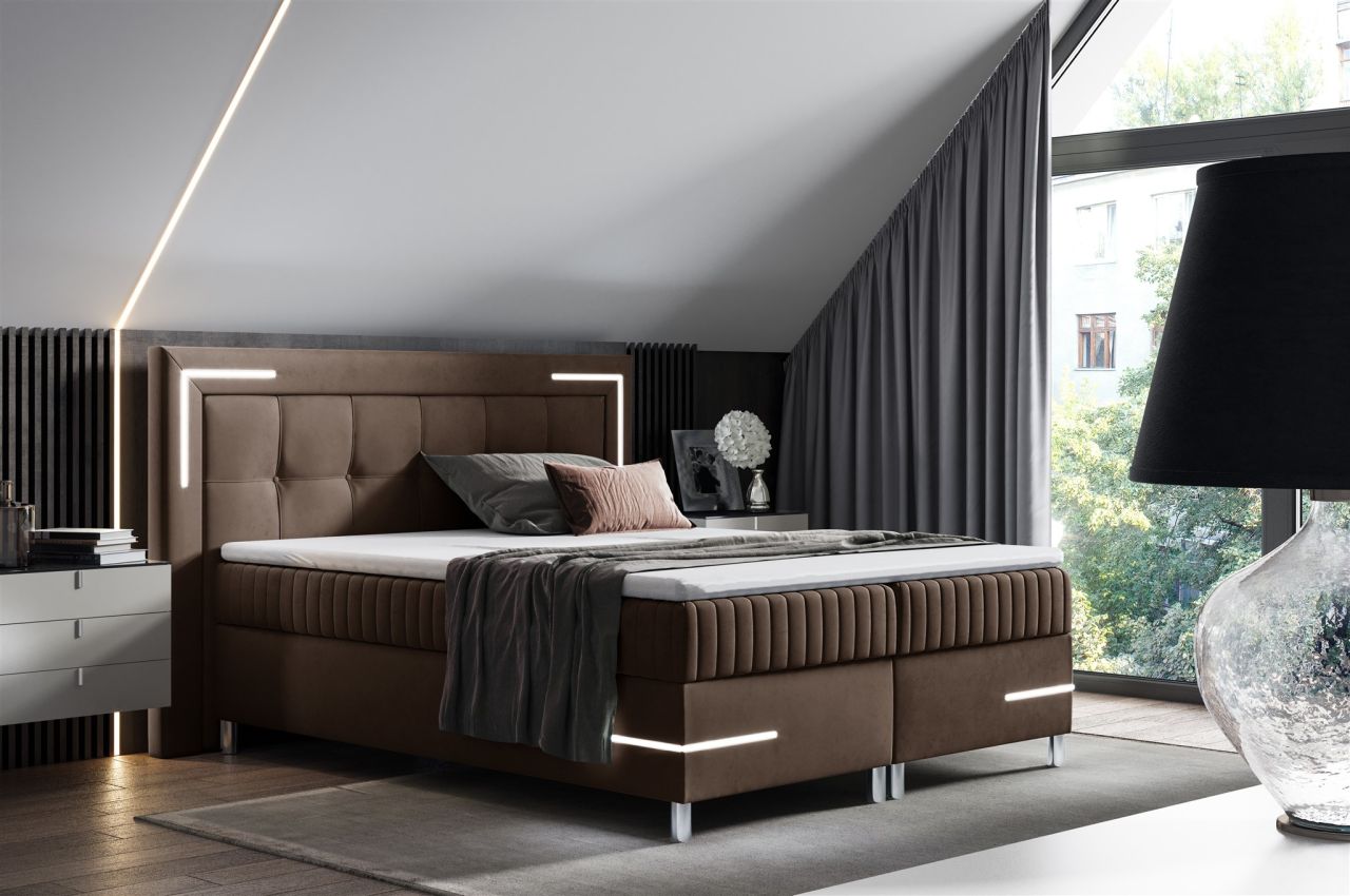 Boxspringbett Schlafzimmerbett 200x200cm AMORE Nr.1 Braun inkl. LED-Beleuchtung