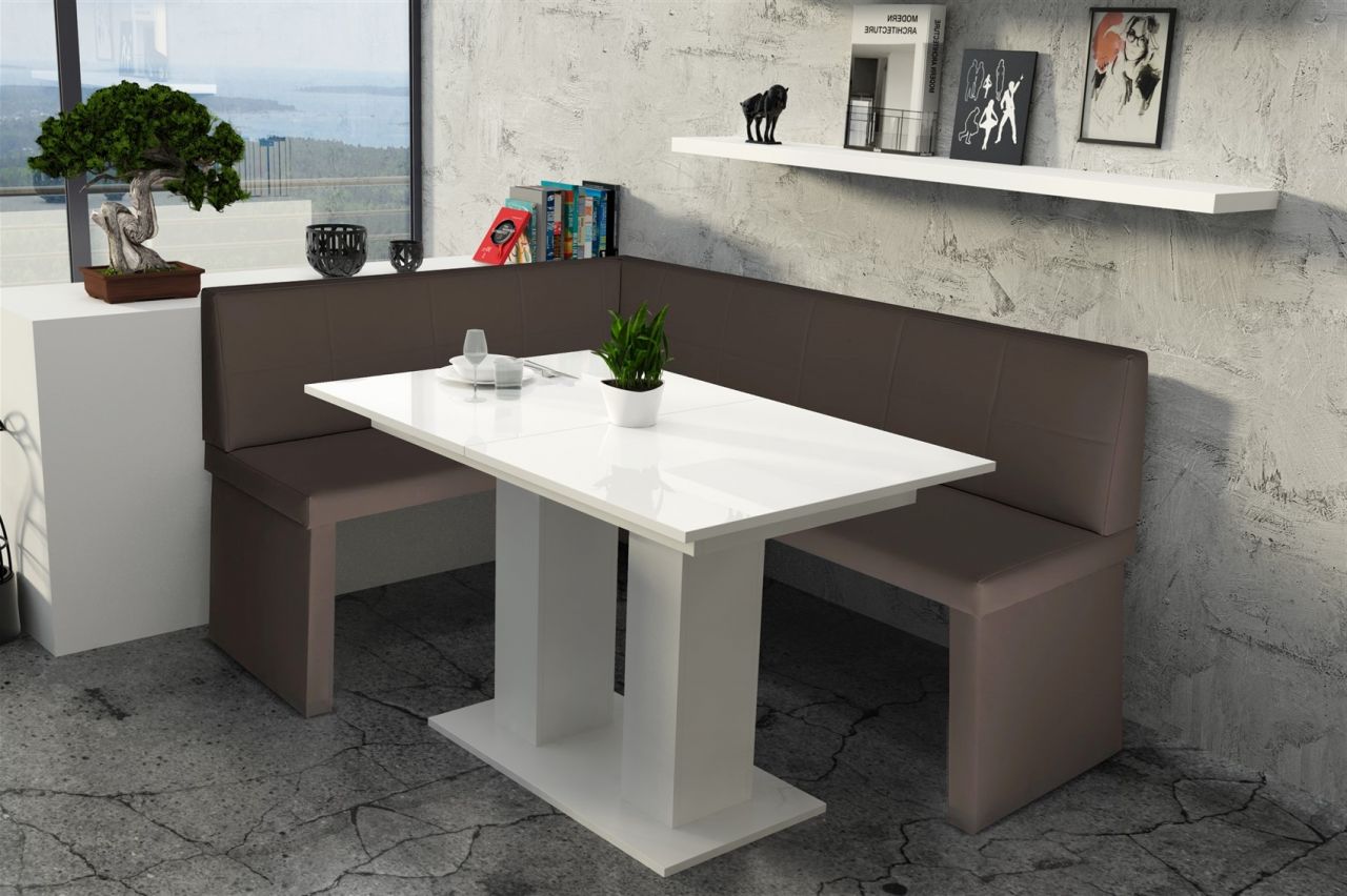 Eckbankgruppe 168x128 cm ROBIN R Braun / Esstisch DANTE Weiss HGL